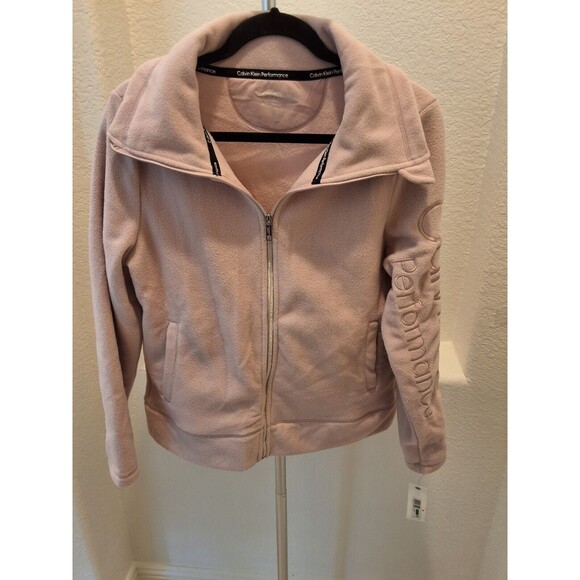 Calvin Klein Performance Size Large Beige Zip Up Fleece Jacket High Collar NEW - Picture 1 of 16